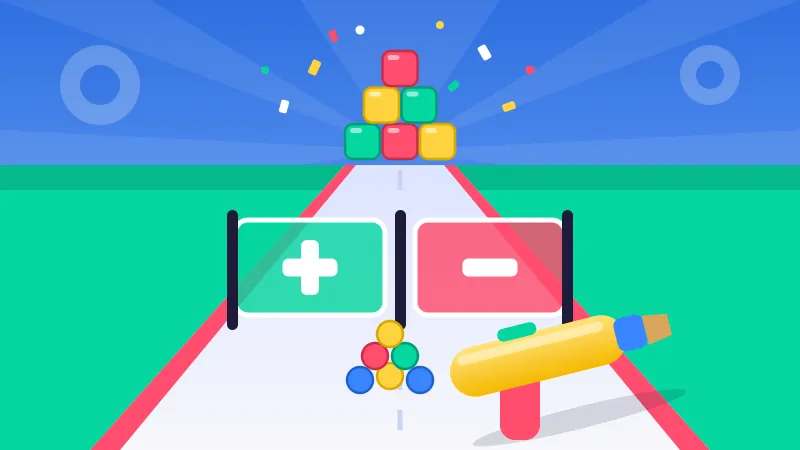 A yellow cork popper races down a blue track toward plus and times gates and a wall of green and pink jelly cubes bursting into confetti.