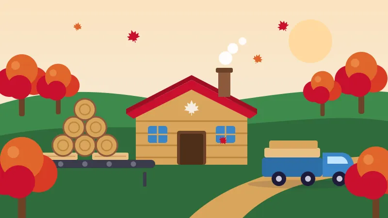 A red-roofed sugar shack among maple trees, with stacked golden logs, a conveyor belt and a blue truck on a green hillside.