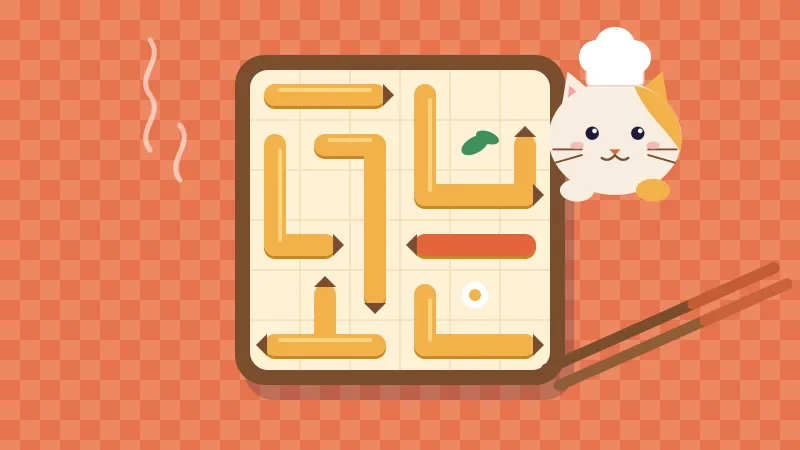 A wooden bento box packed with golden noodles pointing in different directions, with chopsticks and Chef Miso the cat peeking over the edge.
